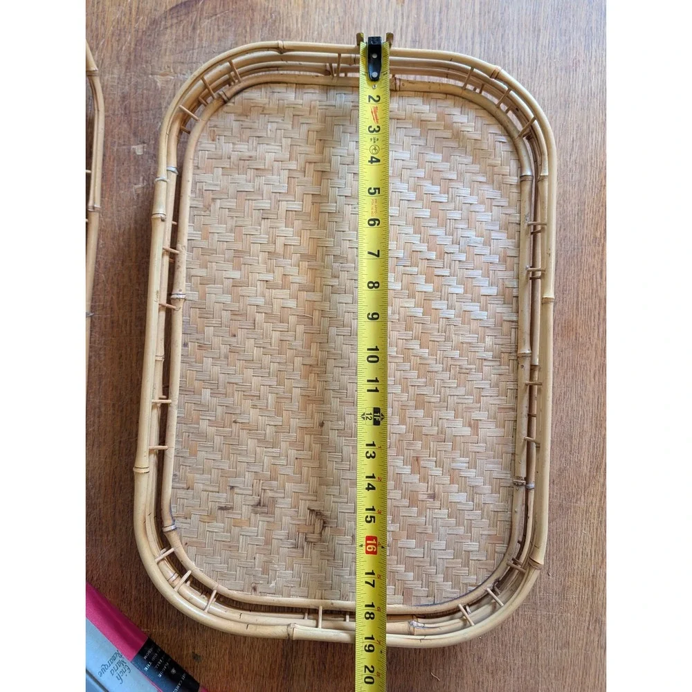 Vtg Bamboo Rattan Woven Wicker Serving Trays Set of 4 Boho Gallery Rail 19x12